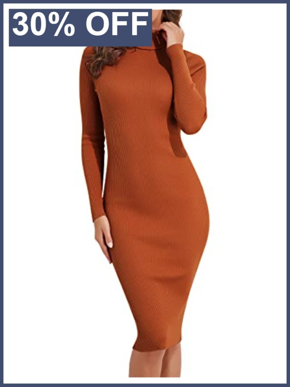 Long Sleeve Turtleneck Ribbed Knit Midi Sweater Dress Bodycon